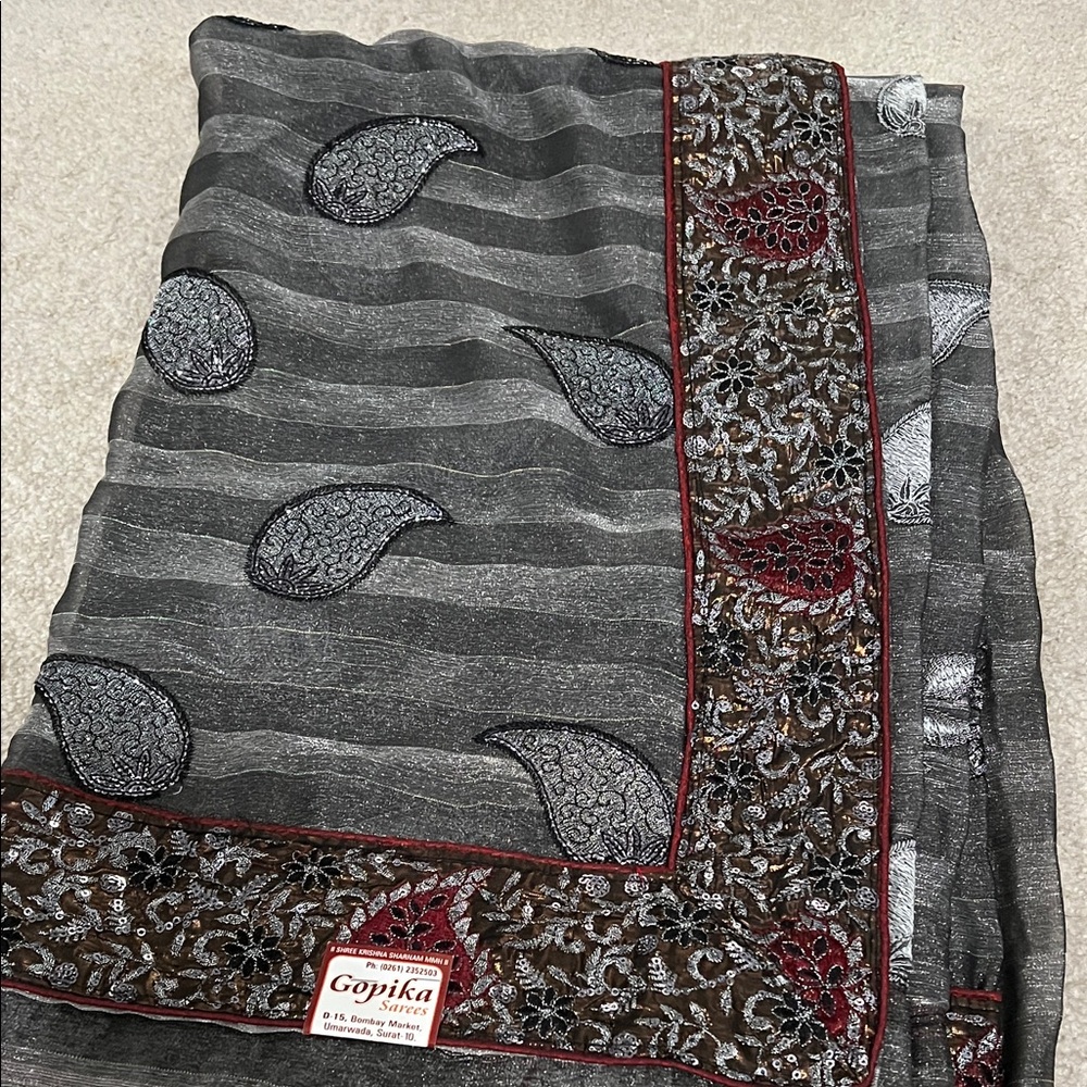 Gray Embroidered Saree with Red Accents